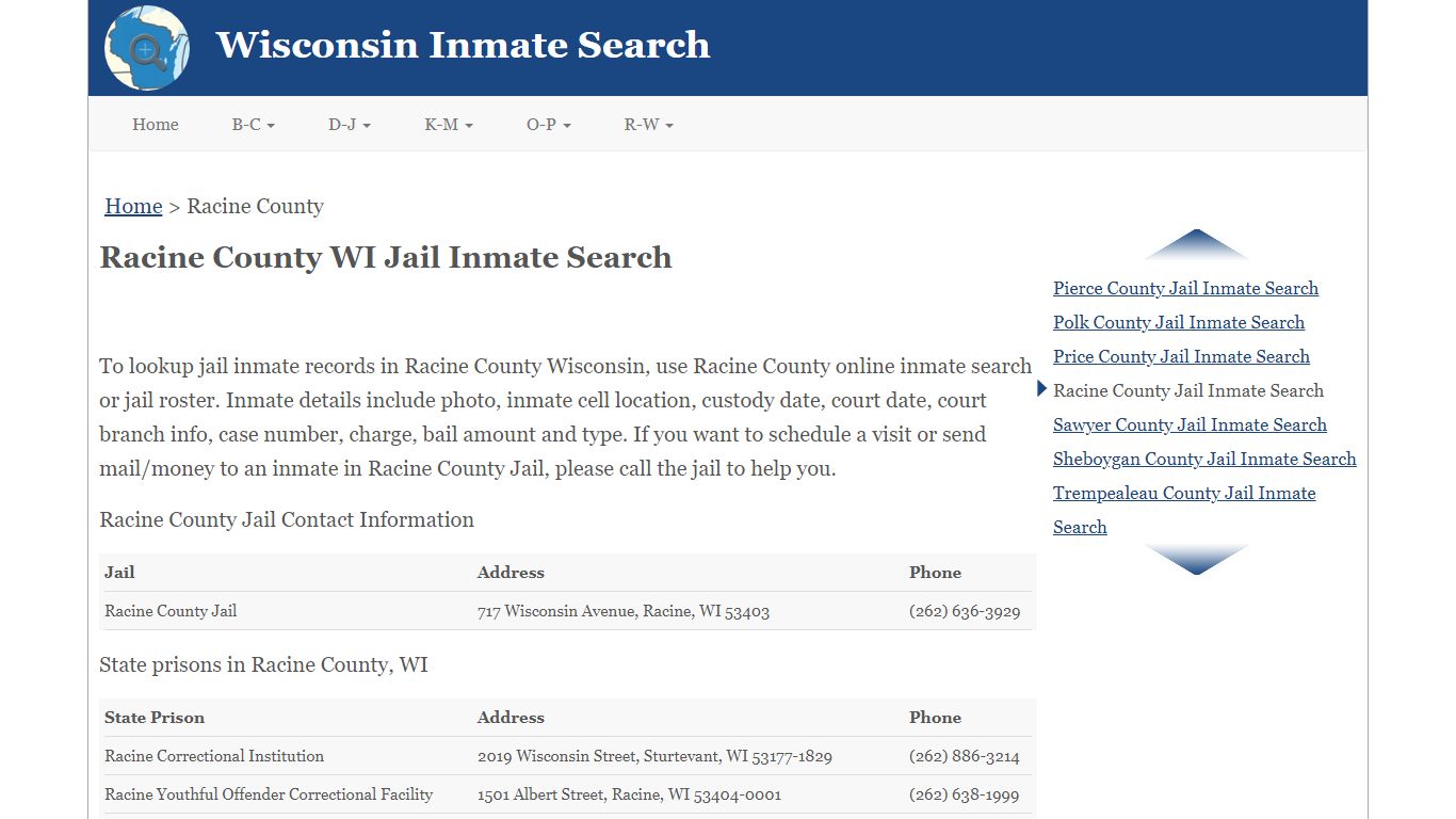 Racine County WI Jail Inmate Search